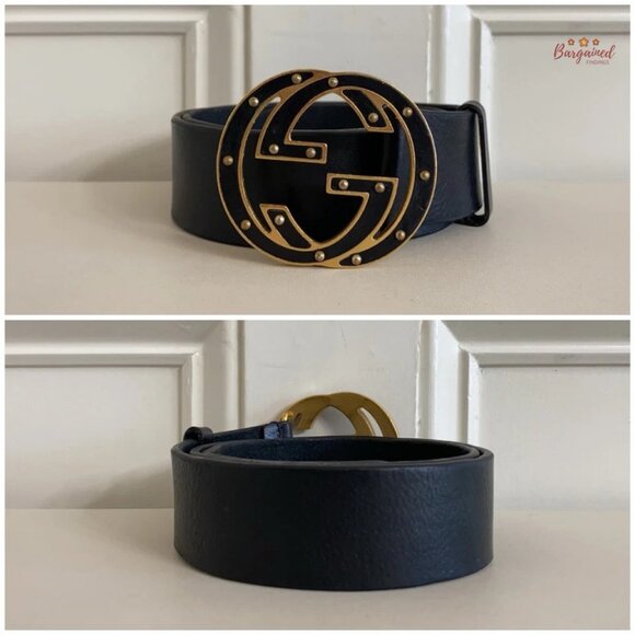Authentic Gucci Black Leather Gold Studded Interlocking G Buckle Belt Size 80/32 - Picture 3 of 13